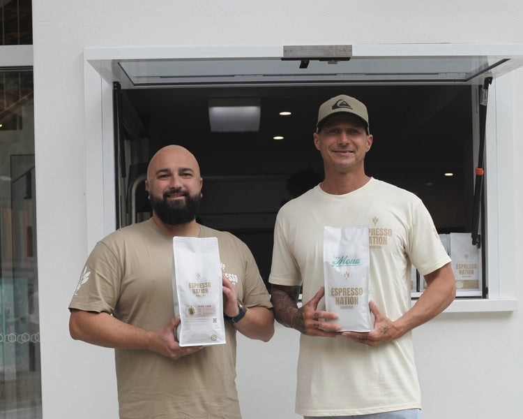 Pat and Luke, Espresso Nation Founders, in front of The Mona Northern Beaches Sydney NSW