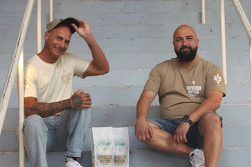 Pat and Luke with specialty coffee on steps of The Mona best coffee Northern Beaches Sydney NSW Mona Vale