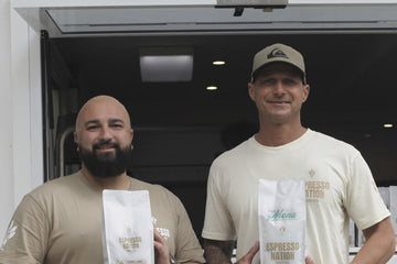 Pat and Luke, Espresso Nation Founders, in front of The Mona Northern Beaches